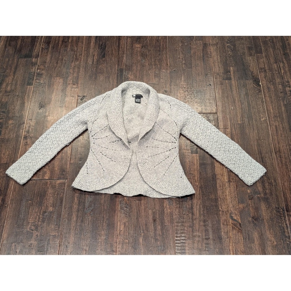 Carole Little Sweater S/M Cardigan Gray Open Front Shawl Collar Angora Hand Knit